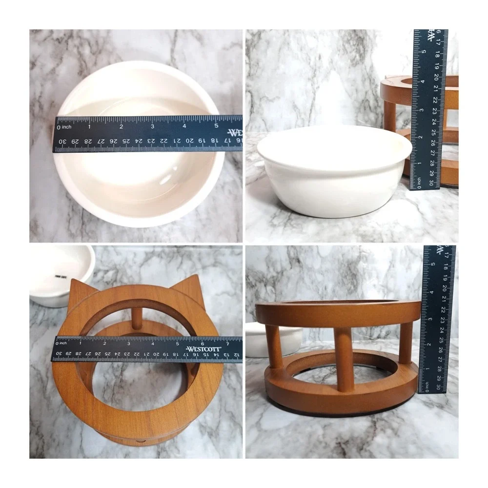 Phoebe & Max Pet Bowl Set Elevated  Ceramic Raised Cat Food Bowl‎ Wood